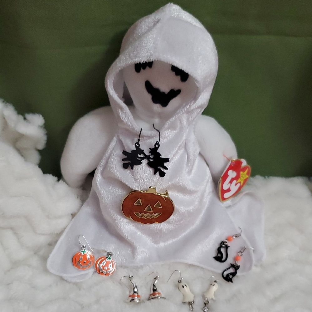 Set of Five Halloween Earrings and Pumpkin Pin